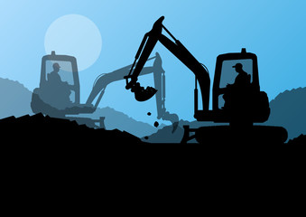 Excavator loaders and workers digging at construction site with