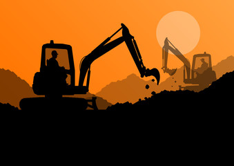Excavator loaders and workers digging at construction site with - obrazy, fototapety, plakaty