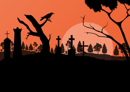 Halloween spooky graveyard, cemetery vintage background with gra