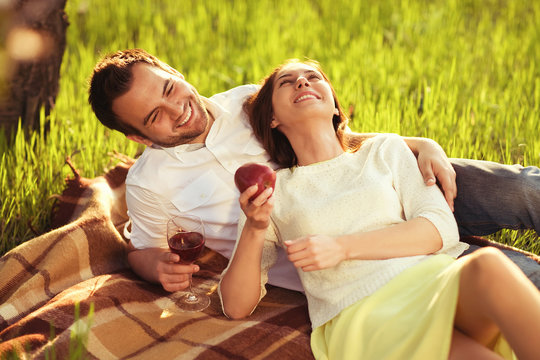 Happy Couple In Love At A Picnic