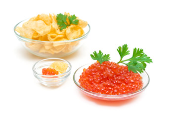 red salmon caviar and potato chips isolated on white background