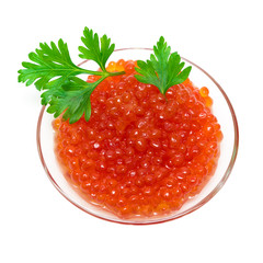Red caviar in a glass bowl isolated on white background