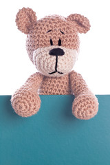 teddy bear with empty green label sign
