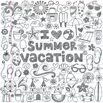 I Love Summer Vacation Tropical Hawaiian Doodles Vector