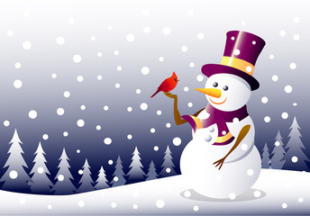 Snowman , Christmas bird & Winter landscape