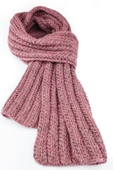 Warm knitted purple scarf on a white background
