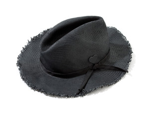 Dark grey raffia fringed woven hat with hatband and heart brooch