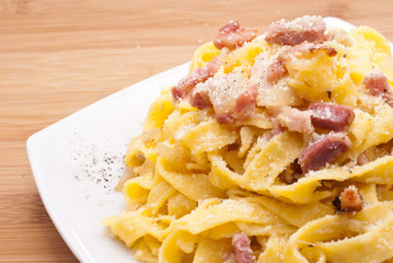 pasta Carbonara with eggs bacon and parmesan