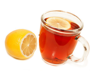 cup of tea with sliced lemon and lemon  isolated on a white back