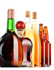 Assorted alcoholic beverages isolated on white