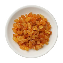Dried golden raisins isolated on white background, close up