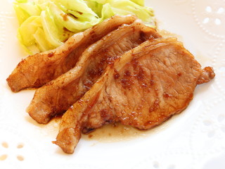 japanese food, ginger and soy sauce pan fried pork