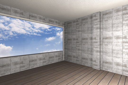 Bare concrete wall and wood floor with blue sky background