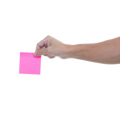 Man hand with pink adhesive note isolated on white background