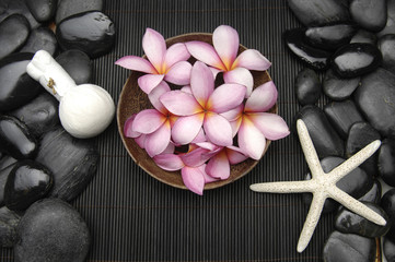 frangipani in bowl of and starfish with pile of stones on mat