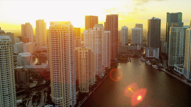 Aerial sunset view Bayside Market Place, Miami
