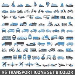 93 Transport icons set blue and gray - obrazy, fototapety, plakaty
