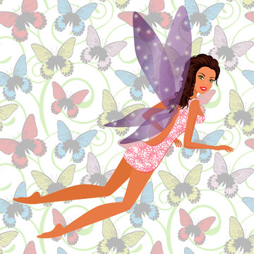 Beautiful little fairy and background with butterflies