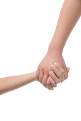 Holding hands. Close-up of child and adult person holding hands