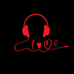 Red headphones.  Black background.  Love card
