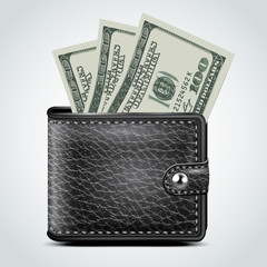 Black Leather Wallet. Dollar USA . Vector