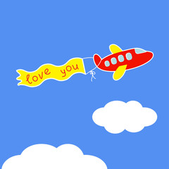 Cartoon red plane.  Ribbon with words Love you. Card.
