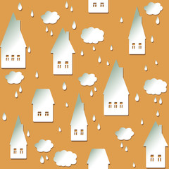 Seamless background with houses, clouds and drops