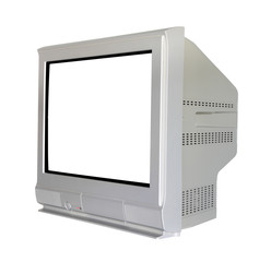 Side analog cathode ray tube television on white background.