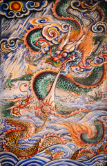 ancient dragons design on wall background in chinese temple at P