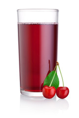 Glass of cherry juice with fruits isolated on a white background