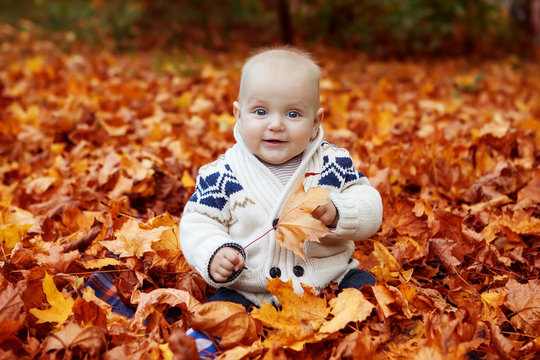 Child in knitted sweater sits in autumn park