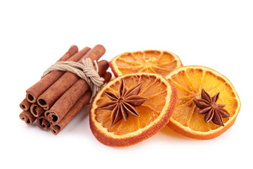 dried orange sliced with cinnamon and star anise