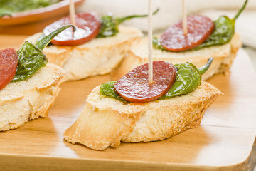 Chorizo, Padron Peppers & Crusty Bread Pinchos. Spanish Tapas.