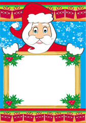 funny Santa Claus holding a Christmas frame - space for your tex