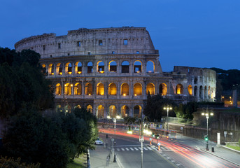 Fototapeta na wymiar The Colosseum illuminated at night in Rome, Lazio, Italy, Europe