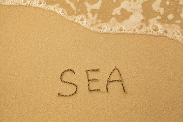 Sea - written by hand in sand on a sea beach