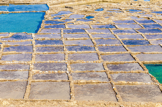 Salt pans near Qbajjar in Gozo, Malta.