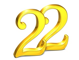 3D Gold Number twenty-two on white background