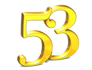 3D Gold Number fifty-three on white background