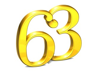 3D Gold Number sixty-three on white background