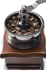 白背景にコーヒーミルのアップ