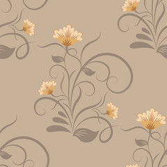 Seamless beige floral vector wallpaper pattern.