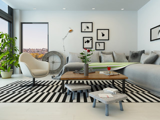 Modern Living Room Interior with white furniture