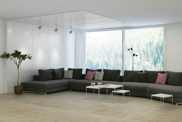 Minimalist living room with black couch with pillows