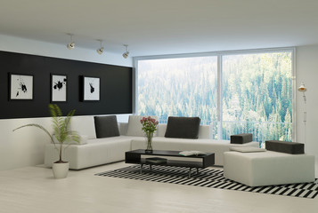 Modern living room with huge floor to ceiling windows