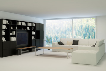 Modern living room with huge floor to ceiling windows