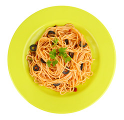 Italian spaghetti in plate isolated on white