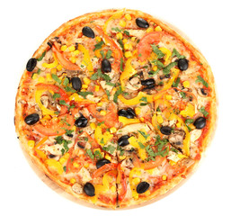 Tasty pizza with vegetables, chicken and olives isolated