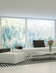 Modern white couch with coffee table against huge window