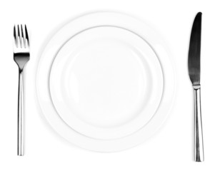 Knife, color plate and fork, isolated on white